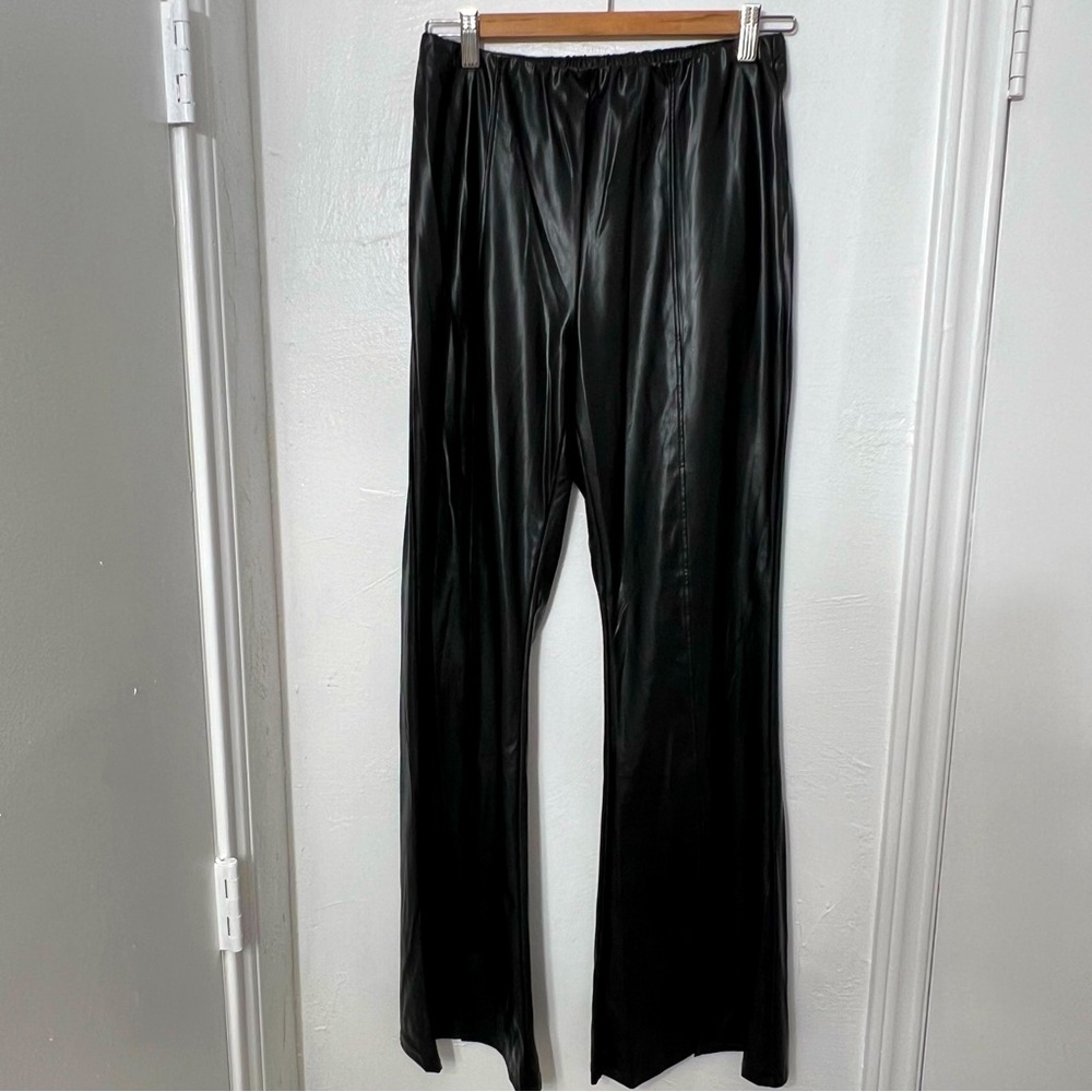 Toxik3 Women's Faux Leather‎ Bell Bottom Pants, Front Slit Detail, Elastic Waist